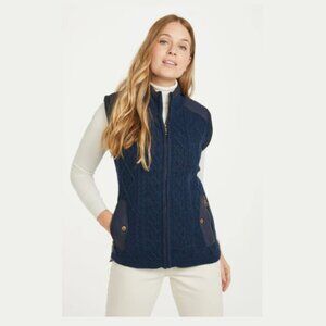 ARAN WOOLEN MILLS Castlehill Cable Knit Gilet Vest Fleece Collar Navy Women's XS